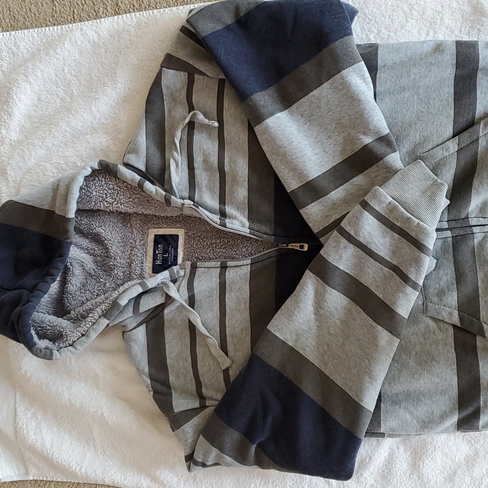 HANTON Full-Zip PLUSH Hoodie in green, Navy, gray stripe Large EUC